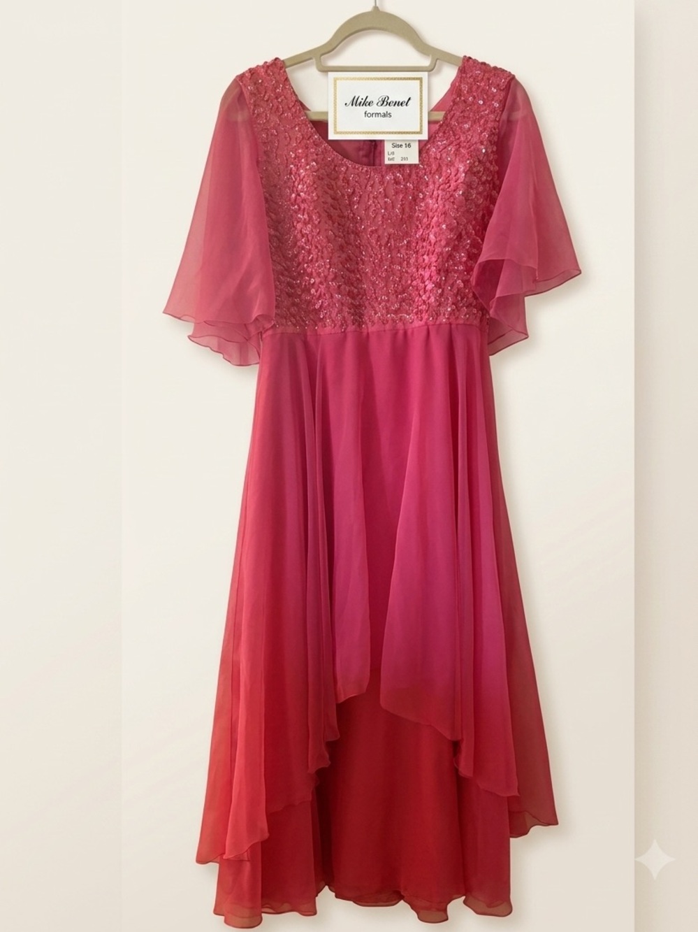 Vintage Mike Benet Formals Pink Sequin Chiffon High-Low Gown Dress 16⁠